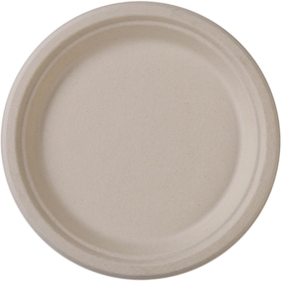 Genuine Joe 9" Compostable Plates - Breakroom, Office - Disposable - 9" Diameter - White, Natural - Sugarcane Body - 50 / Pack. Picture 4