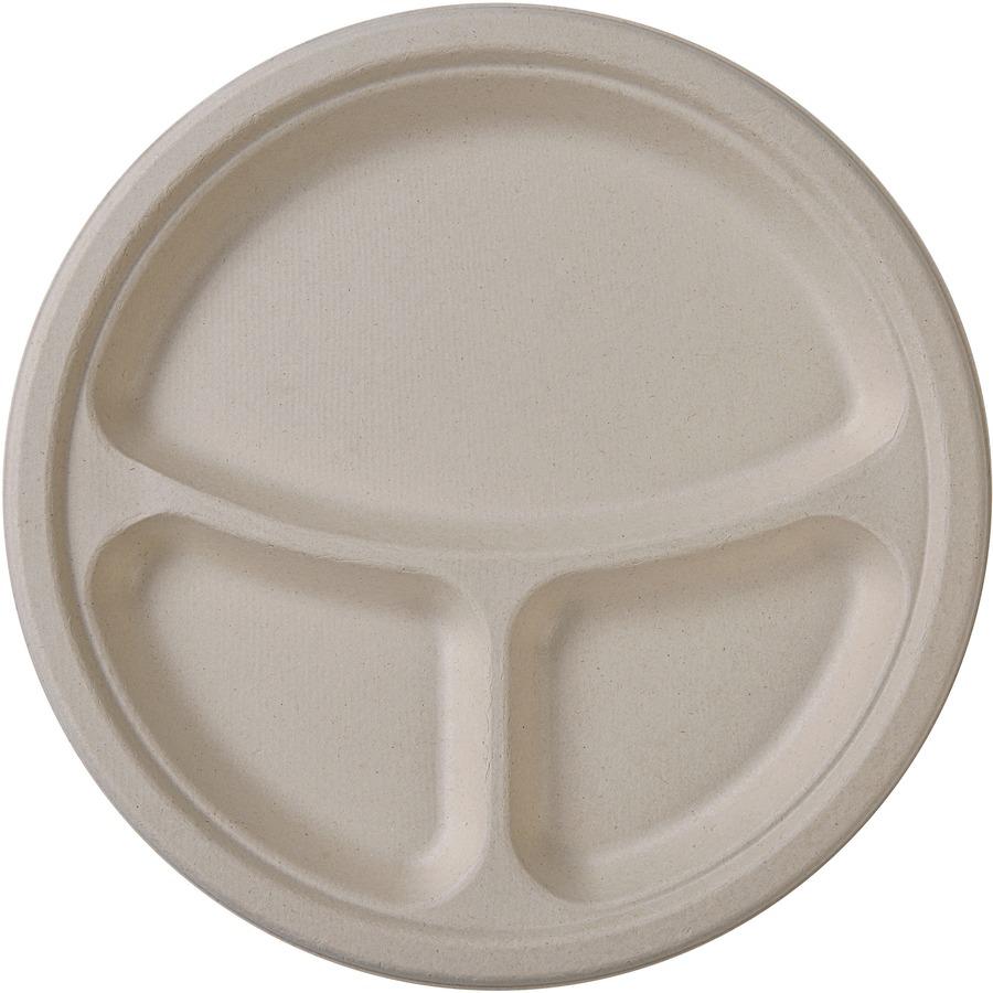 Genuine Joe 10" 3-Compartment Compostable Plates - Breakroom, Office - Disposable - 10" Diameter - White, Natural - Sugarcane Body - 50 / Pack. Picture 4