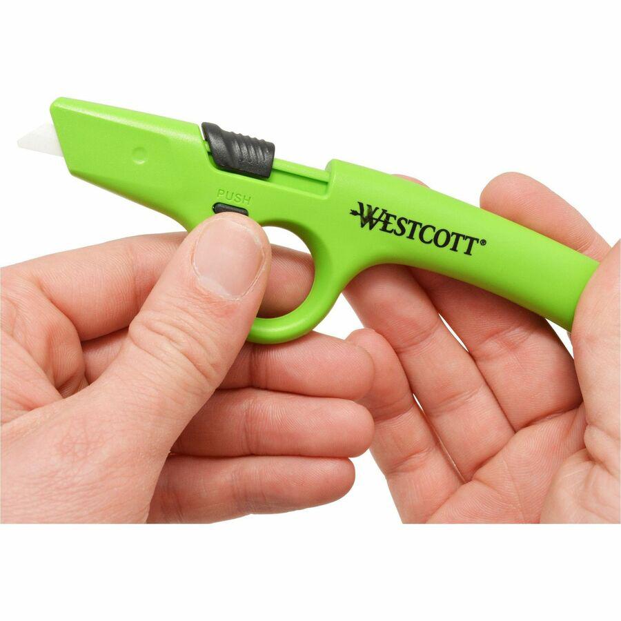 Westcott Non-Replaceable Finger Loop Safety Cutter - Ceramic Blade - Retractable, Lock Off Switch, Durable - Acrylonitrile Butadiene Styrene (ABS) - Green - 1 Each. Picture 6