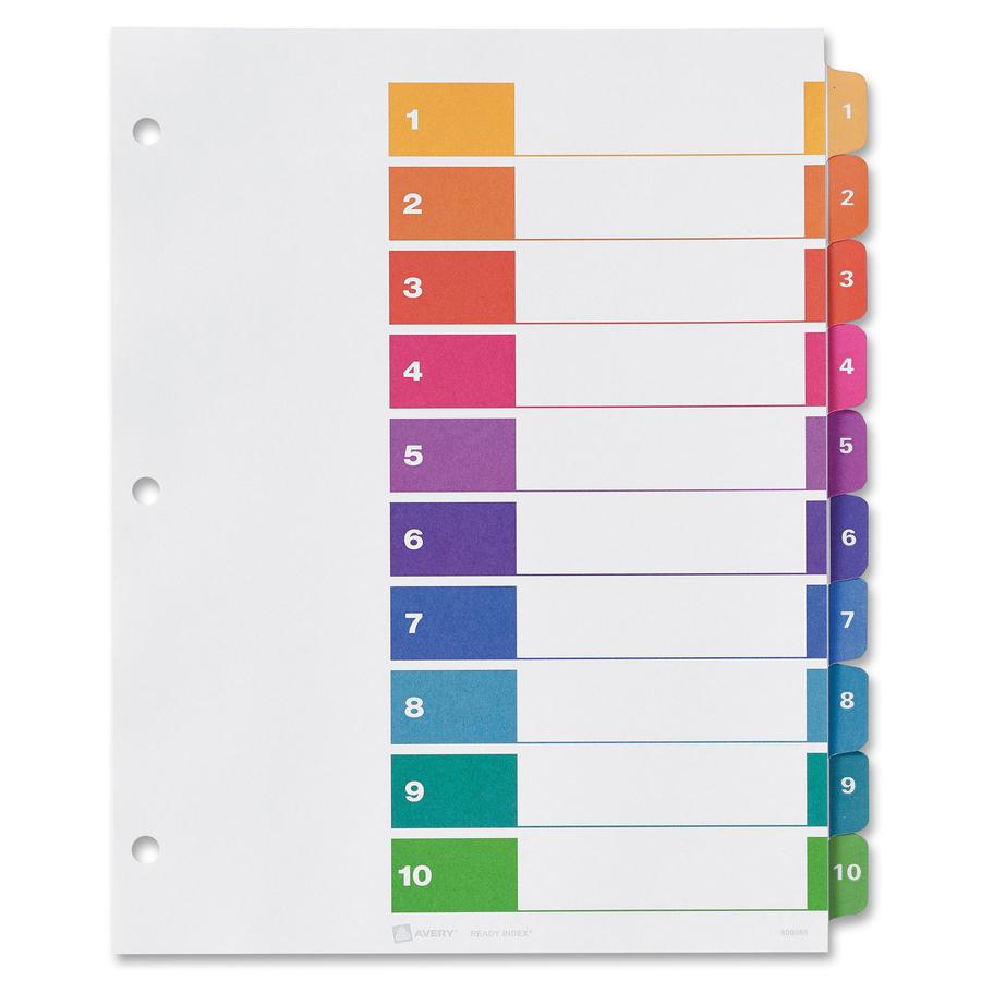 Avery&reg; Ready Index Custom TOC Binder Dividers - 60 x Divider(s) - 1-10 - 10 Tab(s)/Set - 8.5" Divider Width x 11" Divider Length - 3 Hole Punched - White Paper Divider - Multicolor Paper Tab(s) - . Picture 3