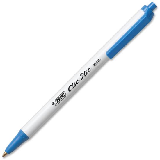BIC Clic Stic Retractable Ballpoint Pens - Medium Pen Point - Round Pen Point Style - Retractable - Blue - Clear Barrel - 1 Dozen. Picture 5