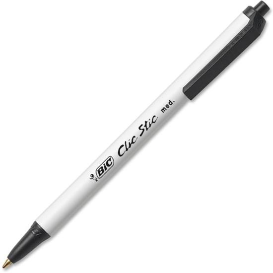 BIC Clic Stic Retractable Ballpoint Pens - Medium Pen Point - Retractable - Black - White Barrel - 1 Dozen. Picture 3