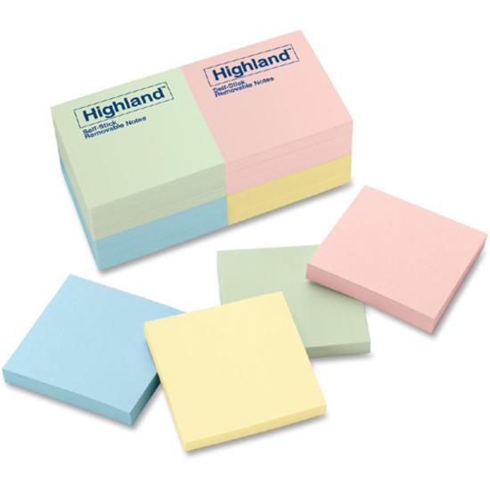 Highland Self-Sticking Notepads - 1200 - 3" x 3" - Square - 100 Sheets per Pad - Unruled - Assorted Pastel - Paper - Self-adhesive, Repositionable, Removable - 12 / Pack. Picture 2