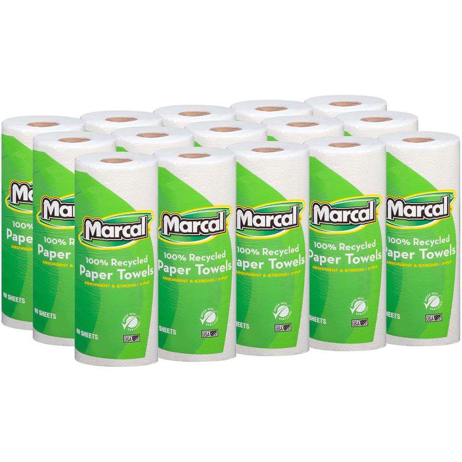 Marcal 100% Recycled, Paper Towels - 2 Ply - 11" x 9" - 60 Sheets/Roll - White - Absorbent - 15 / Carton. Picture 3