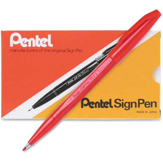 Pentel Fiber-tipped Sign Pens - Bold Pen Point - Red Water Based Ink - Fiber Tip - 1 Dozen. Picture 4