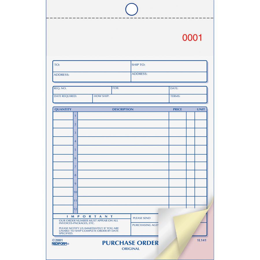Rediform 3-Part Carbonless Purchase Order Book - 50 Sheet(s) - 3 PartCarbonless Copy - 5.50" x 7.87" Sheet Size - White, Canary, Pink - Blue Print Color - 1 Each. Picture 4