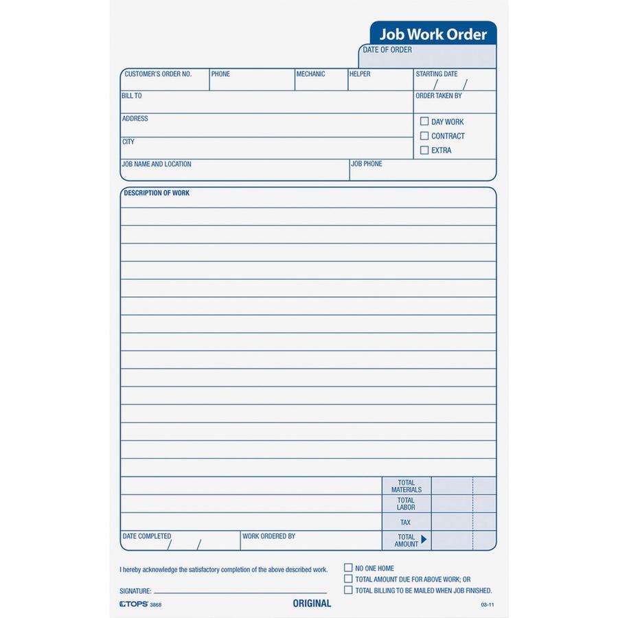 TOPS Carbonless 3-Part Job Work Order Forms - 3 PartCarbonless Copy - 5.50" x 8.50" Sheet Size - Assorted Sheet(s) - Black Print Color - 50 / Pack. Picture 4
