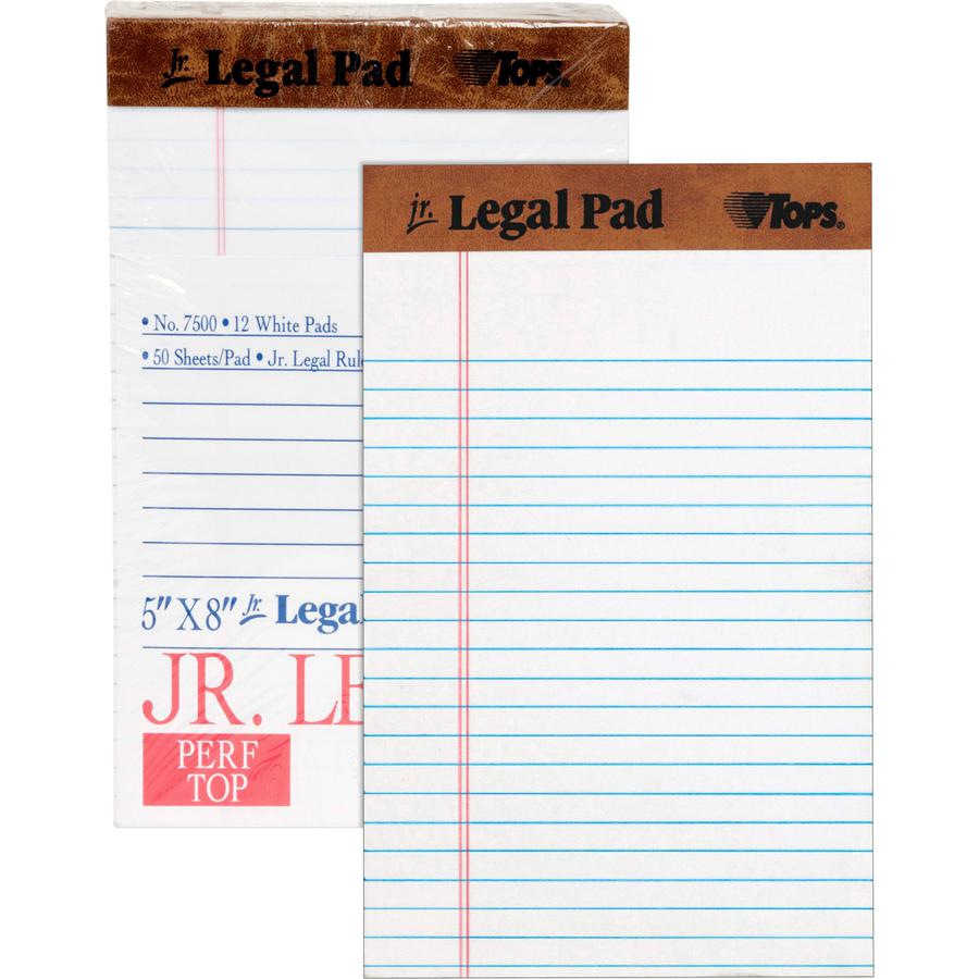 TOPS The Legal Pad Writing Pad - 50 Sheets - Double Stitched - 0.28" Ruled - 16 lb Basis Weight - Jr.Legal - 5" x 8" - White Paper - Chipboard Cover - Perforated, Hard Cover, Removable - 1 Dozen. Picture 2