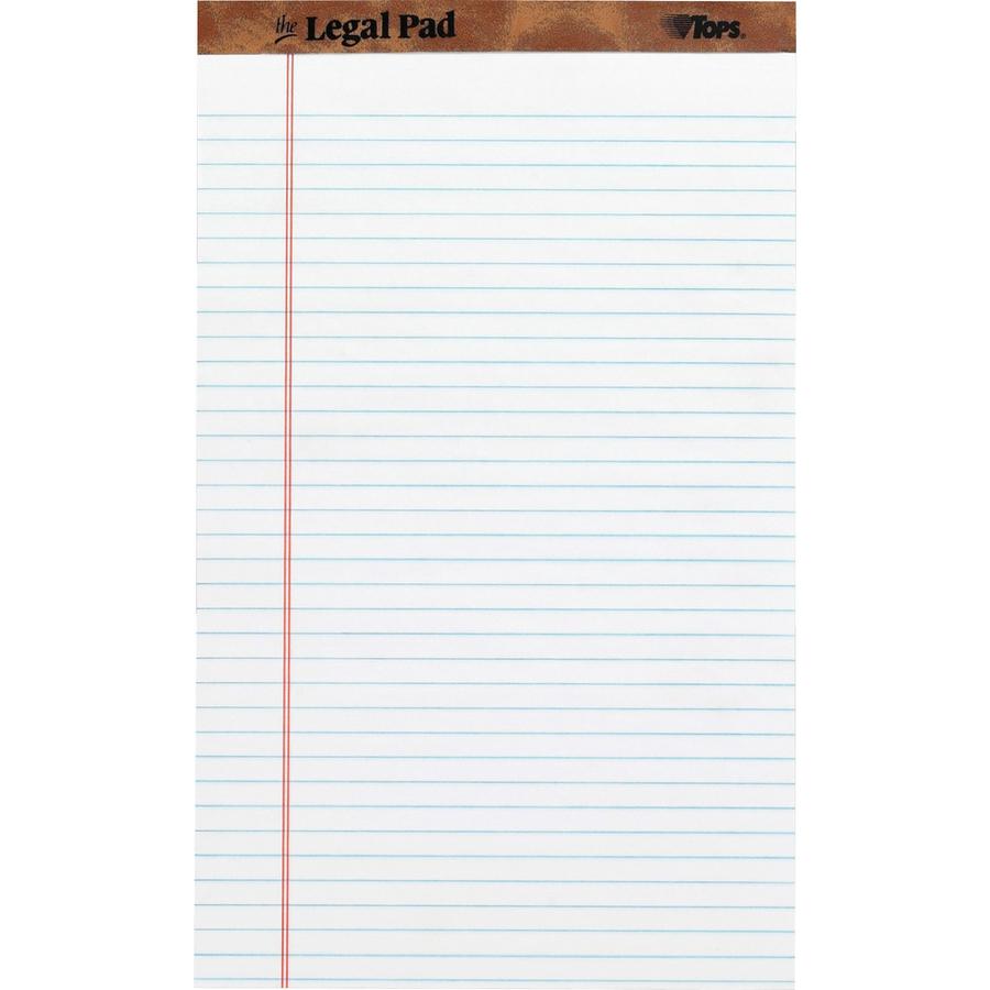 TOPS The Legal Pad Writing Pad - 50 Sheets - Double Stitched - 0.34" Ruled - 16 lb Basis Weight - Legal - 8 1/2" x 14" - White Paper - Chipboard Cover - Perforated, Hard Cover, Removable - 1 Dozen. Picture 3