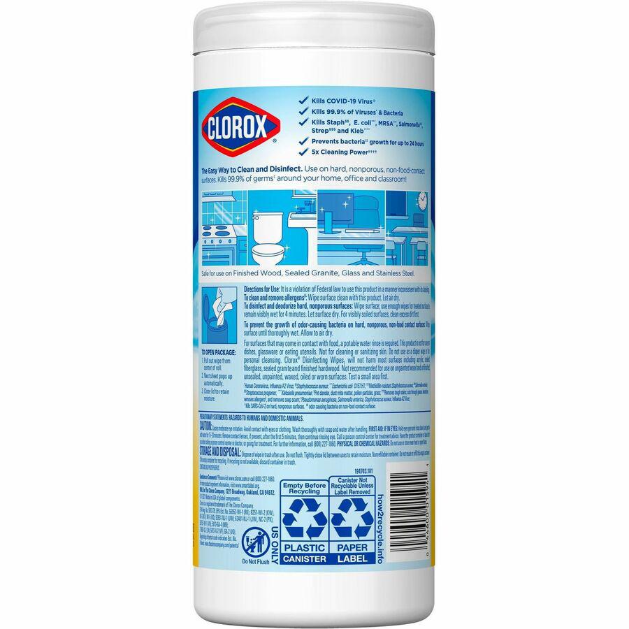 Clorox Disinfecting Cleaning Wipes - Ready-To-Use - Crisp Lemon Scent - 7" Length x 8" Width - 35 / Canister - 12 / Carton - Pleasant Scent, Disinfectant, Pre-moistened, Bleach-free - Yellow. Picture 10