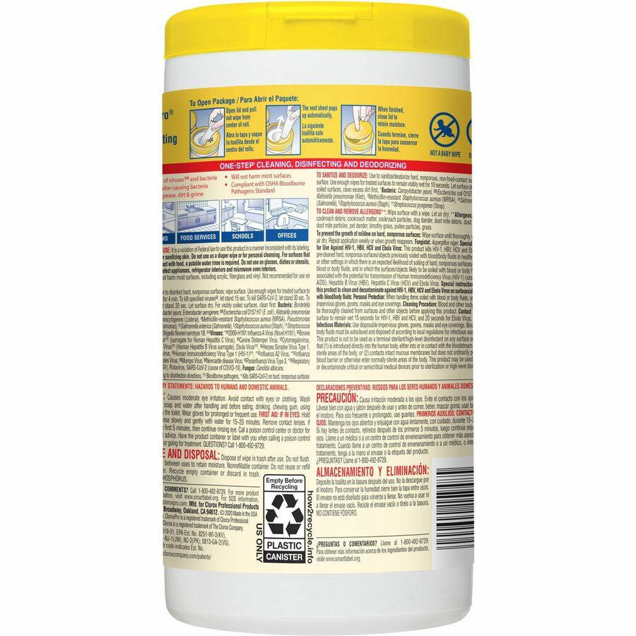 CloroxPro&trade; Disinfecting Wipes - For Multipurpose - Ready-To-Use - Lemon Fresh Scent - 75 / Canister - 6 / Carton - Pleasant Scent, Disinfectant, Pre-moistened, Textured, Streak-free, Bleach-free. Picture 9