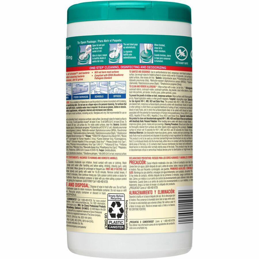 CloroxPro&trade; Disinfecting Wipes - For Hard Surface, Glass, Mirror - Ready-To-Use - Fresh Scent - 75 / Canister - 6 / Carton - Pleasant Scent, Disinfectant, Pre-moistened, Textured, Streak-free, Bl. Picture 10