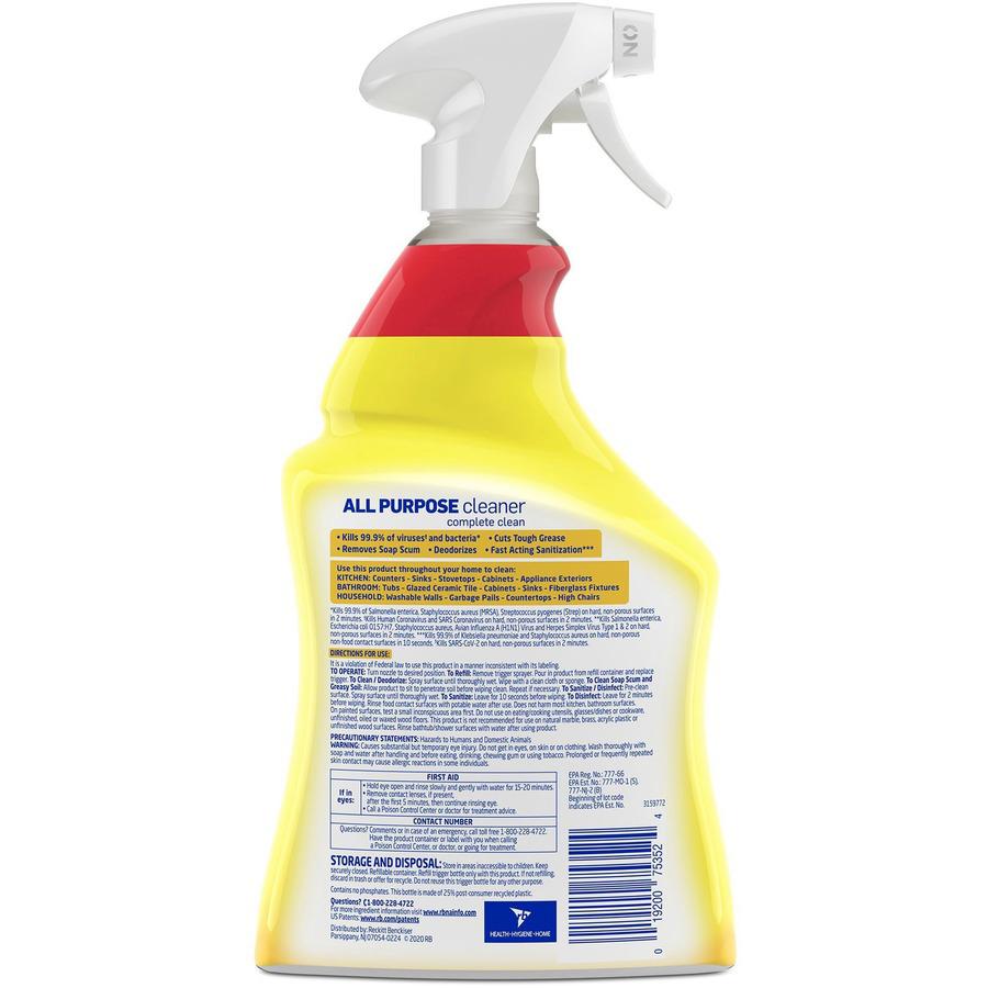 Lysol Lemon All Purpose Cleaner - Ready-To-Use - 32 fl oz (1 quart) - Lemon Breeze Scent - 12 / Carton - Deodorize, Disinfectant - Yellow. Picture 7