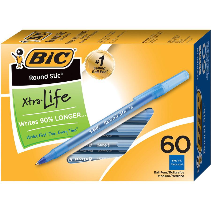 BIC Round Stic Ballpoint Pens - Medium Pen Point - Blue - Blue Barrel - 60 / Box. Picture 2