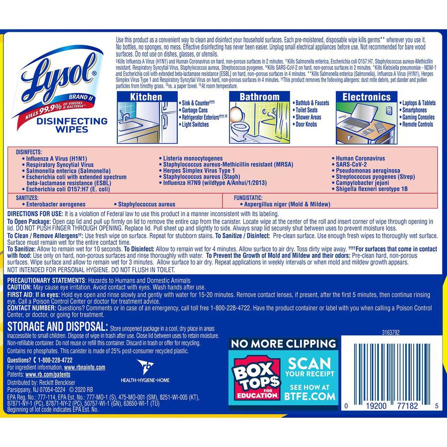 Lysol Disinfecting Wipes - Ready-To-Use - Lemon, Lime Blossom Scent - 7" Length x 7.25" Width - 80 / Tub - 1 Each - Deodorize, Pre-moistened - White. Picture 6