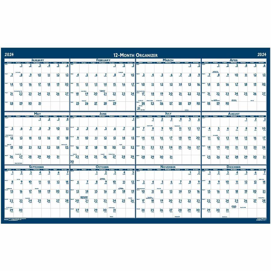 House of Doolittle Recycled Laminated Reversible Planner - Professional - Julian Dates - Yearly - 12 Month - January 2024 - December 2024 - 24" x 37" Blue/Gray Sheet - 1.25" x 1.63" , 1.38" Block - Bl. Picture 5