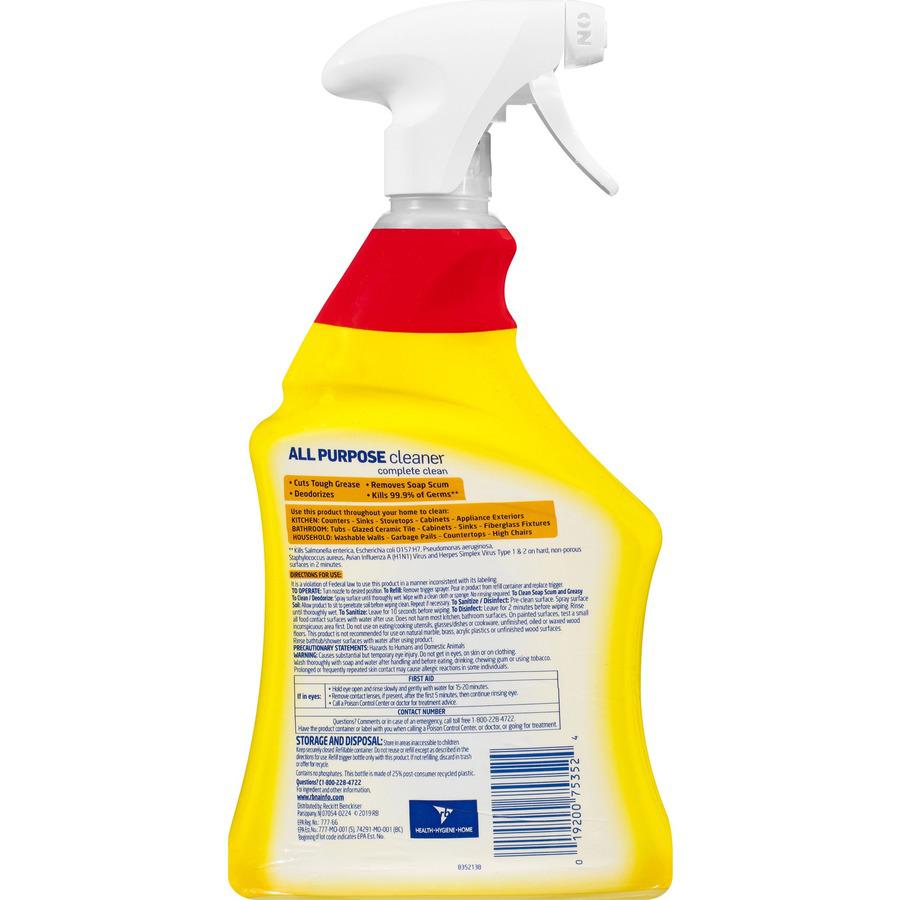 Lysol Lemon All Purpose Cleaner - Ready-To-Use - 32 fl oz (1 quart) - Lemon Breeze Scent - 1 Each - Deodorize, Disinfectant - Yellow. Picture 9