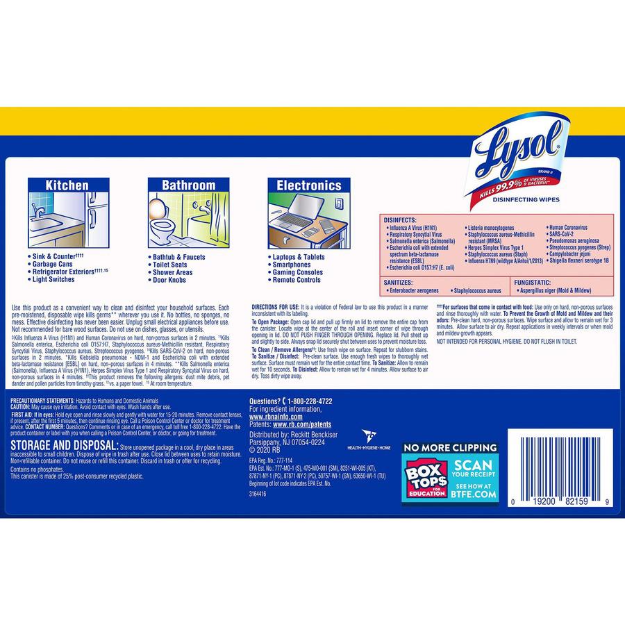 Lysol Disinfecting Wipes 3-pack - Lemon Scent - 35 / Canister - 3 / Pack - Disinfectant, Antibacterial - White. Picture 3
