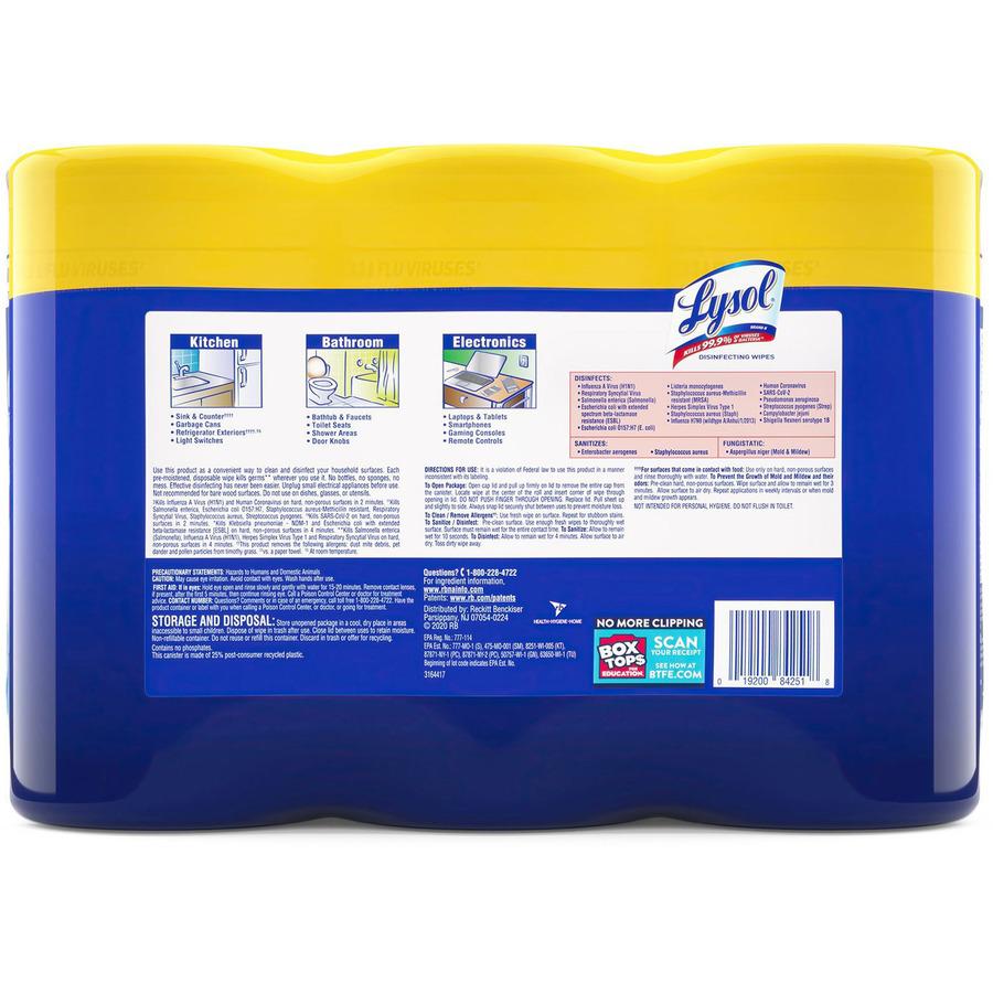 Lysol Lemon/Lime Disinfecting Wipes - Wipe - Lemon, Lime Blossom Scent - 80 / Canister - 3 / Pack - White. Picture 3