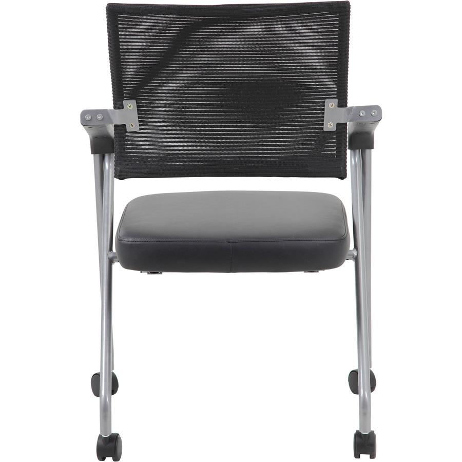 Boss Caressoft Plus Training Chair - Black Vinyl Seat - Black Mesh Back - Pewter Frame - Four-legged Base - Armrest - 2 / Carton. Picture 7