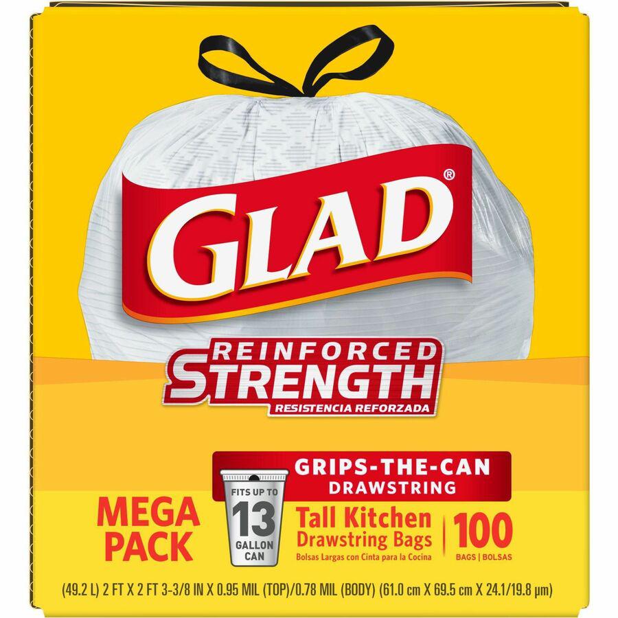 Glad ForceFlex Tall Kitchen Drawstring Trash Bags - 13 gal Capacity - 24" Width x 27" Length - 9 mil (229 Micron) Thickness - Drawstring Closure - White - Plastic - 100/Box - Kitchen, Office, Day Care. Picture 9
