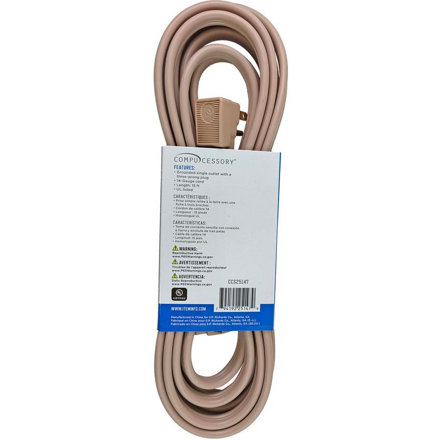 Compucessory Heavy Duty Indoor Extension Cord - 14 Gauge - 125 V AC / 15 A - Beige - 15 ft Cord Length - 1. Picture 3