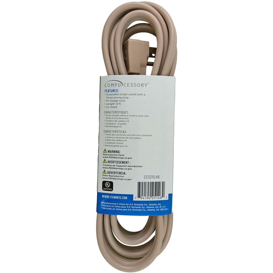 Compucessory Heavy Duty Indoor Extension Cord - 14 Gauge - 125 V AC / 15 A - Beige - 9 ft Cord Length - 1. Picture 3