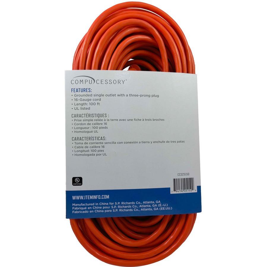 Compucessory Heavy-duty Indoor/Outdoor Extension Cord - 16 Gauge - 125 V AC / 13 A - Orange - 100 ft Cord Length - 1. Picture 3