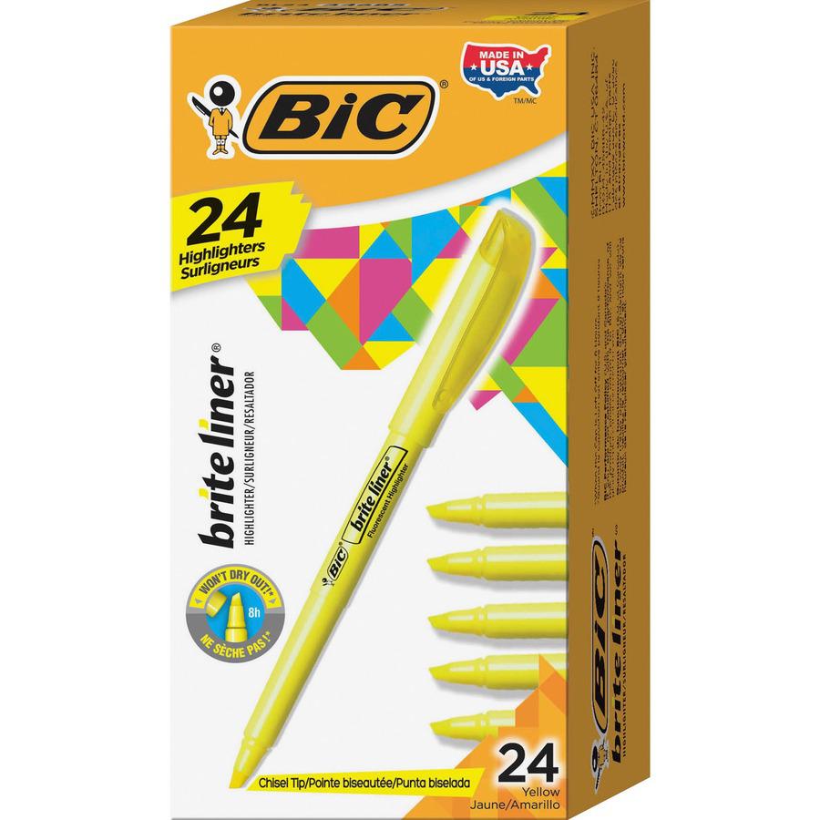 BIC Brite Liner Highlighters - Chisel Marker Point Style - Fluorescent Yellow Water Based Ink - 24 / Box. Picture 3