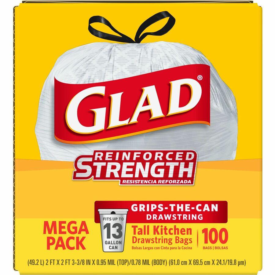 Glad ForceFlex Tall Kitchen Drawstring Trash Bags - 13 gal Capacity - 24" Width x 27" Length - Drawstring Closure - White - Plastic - 4/Carton - 100 Per Box - Kitchen, Office, Day Care, Restaurant, Sc. Picture 9
