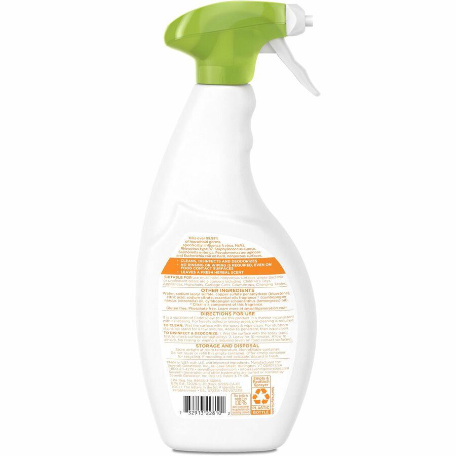 Seventh Generation Disinfecting Multi-Surface Cleaner - For Multi Surface, Multipurpose - 26 fl oz (0.8 quart) - Lemongrass Citrus Scent - 8 / Carton - Disinfectant, Streak-free, Rinse-free. Picture 4