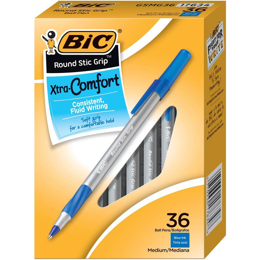 BIC Round Stic Grip Ballpoint Pen - Medium Pen Point - 1.2 mm Pen Point Size - Blue - Brass Tip - 36 / Box. Picture 5