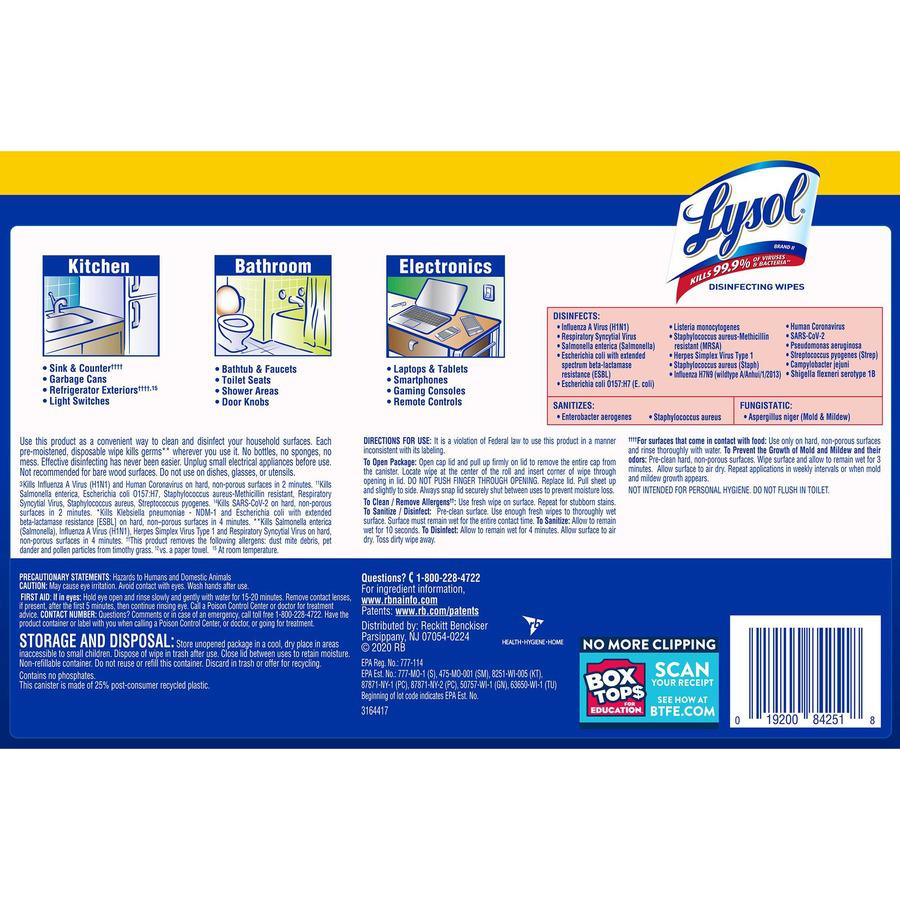 Lysol Lemon/Lime Disinfecting Wipes - Wipe - Lemon, Lime Blossom Scent - 80 / Canister - 6 / Carton - White. Picture 5