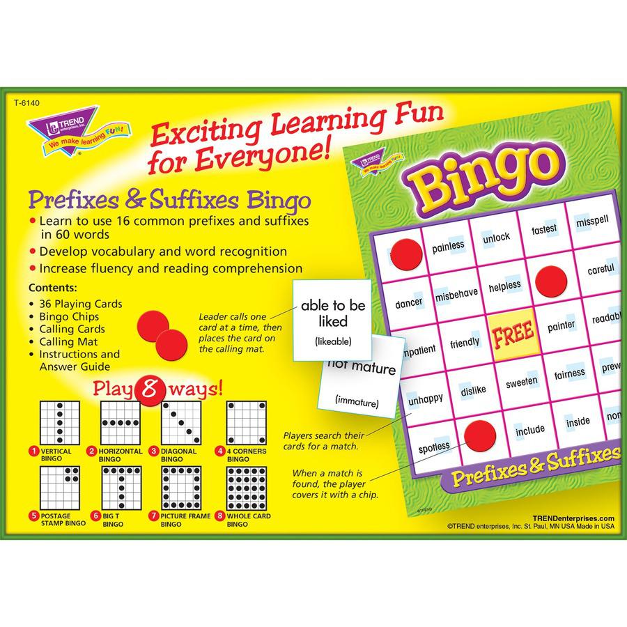Trend Prefixes and Suffixes Bingo Game - Educational - 3 to 36 Players - 1 Each. Picture 5