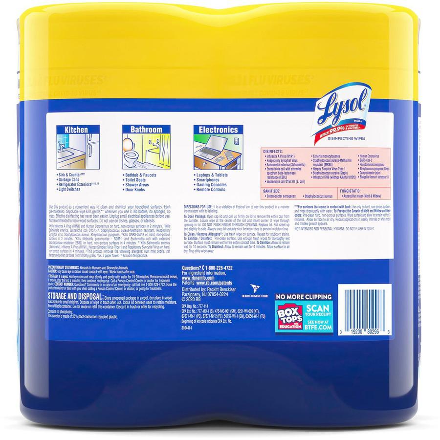 Lysol Disinfecting Wipes - Wipe - Lemon Lime Scent - 80 / Canister - 2 / Pack - White. Picture 3