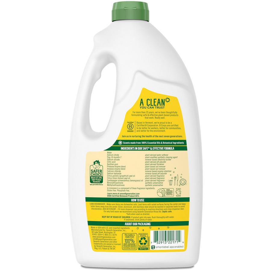 Seventh Generation Dishwasher Detergent - 42 oz (2.62 lb) - Lemon Scent - 6 / Carton - Bio-based, Phosphate-free, Chlorine-free, Fragrance-free, Gluten-free, Dye-free, Residue-free, Scent-free - Clear. Picture 3