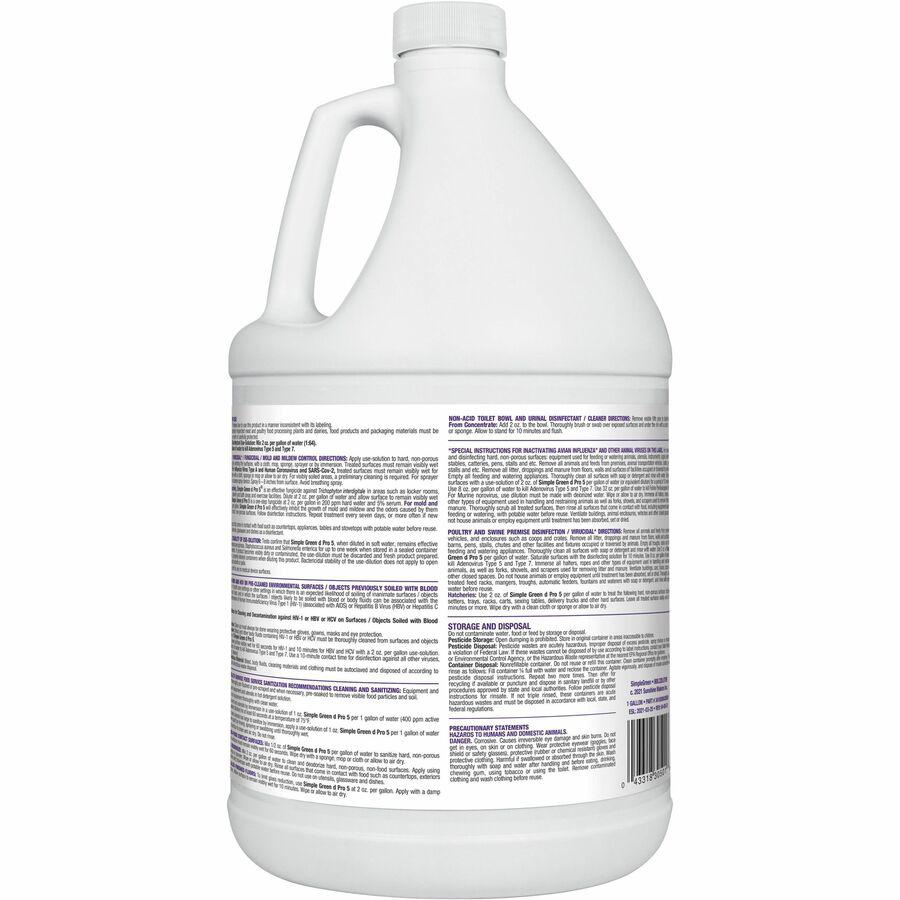 Simple Green D Pro 5 One-Step Disinfectant - Concentrate - 128 fl oz (4 quart) - 4 / Carton - Disinfectant, Unscented, Dye-free - Clear. Picture 3