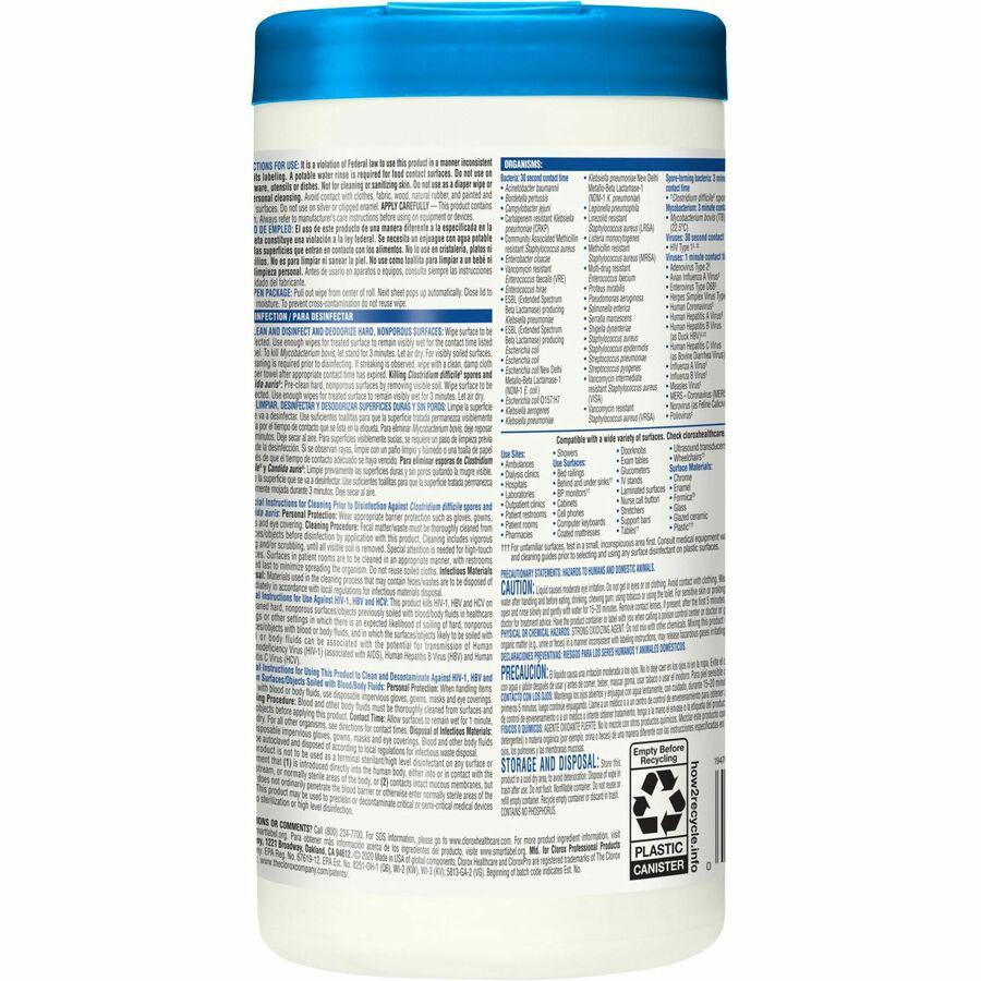 Clorox Healthcare Bleach Germicidal Wipes - Ready-To-Use Wipe6.75" Width x 9" Length - 70 / Canister - 6 / Carton - White. Picture 10