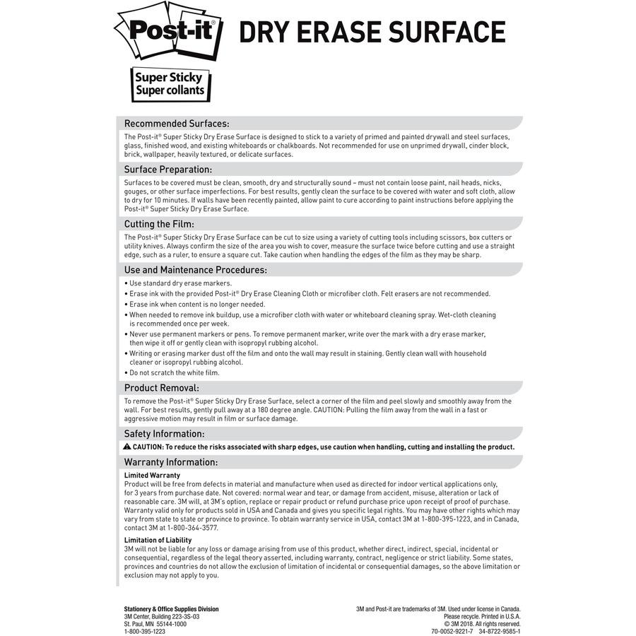 Post-it&reg; Super Sticky Dry-Erase Surface - White Surface - 48" (4 ft) Width x 600" (50 ft) Length - White Film - Rectangle - Horizontal/Vertical - Tabletop, Desktop - 1 Each. Picture 7