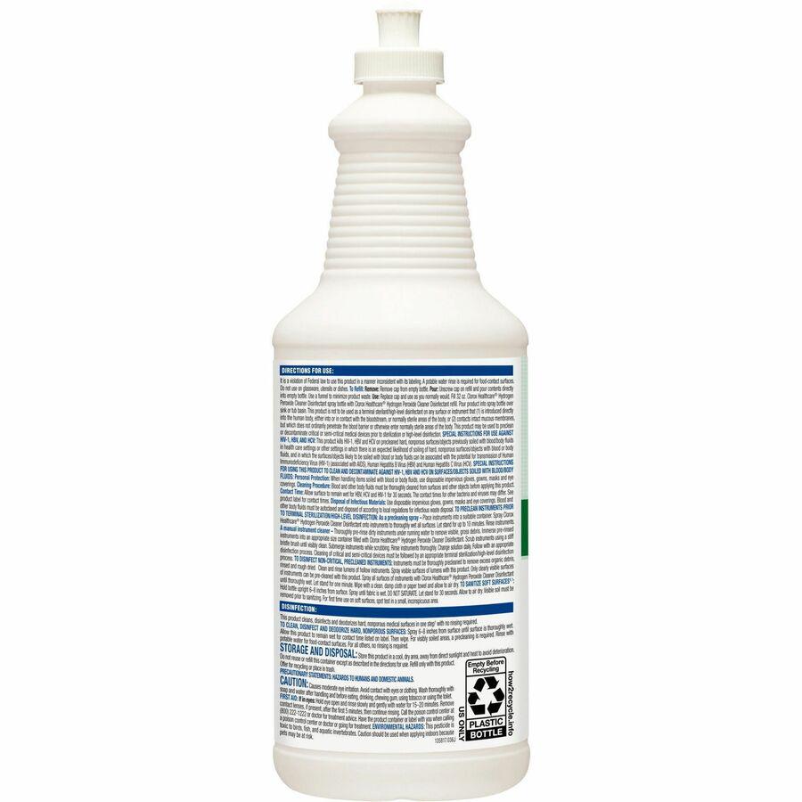 Clorox Healthcare Pull-Top Hydrogen Peroxide Cleaner Disinfectant - Ready-To-Use - 32 fl oz (1 quart) - 6 / Carton - Disinfectant - Clear. Picture 10
