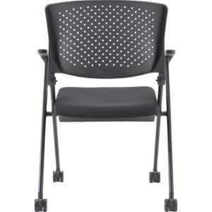 Lorell Upholstered Foldable Nesting Chairs with Arms - Black Fabric Seat - Black Plastic Back - Metal Frame - 2 / Carton. Picture 5