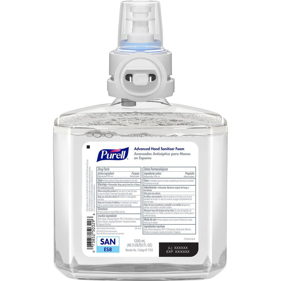 PURELL&reg; Advanced Hand Sanitizer Foam Refill - Clean Scent - 40.6 fl oz (1200 mL) - Touchless Dispenser - Kill Germs - Hand - Clear - Dye-free, Bio-based - 2 / Carton. Picture 3