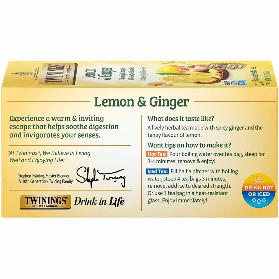 Twinings of London Lemon & Ginger Herbal Tea Bag - 1.3 oz - 25 / Box. Picture 6