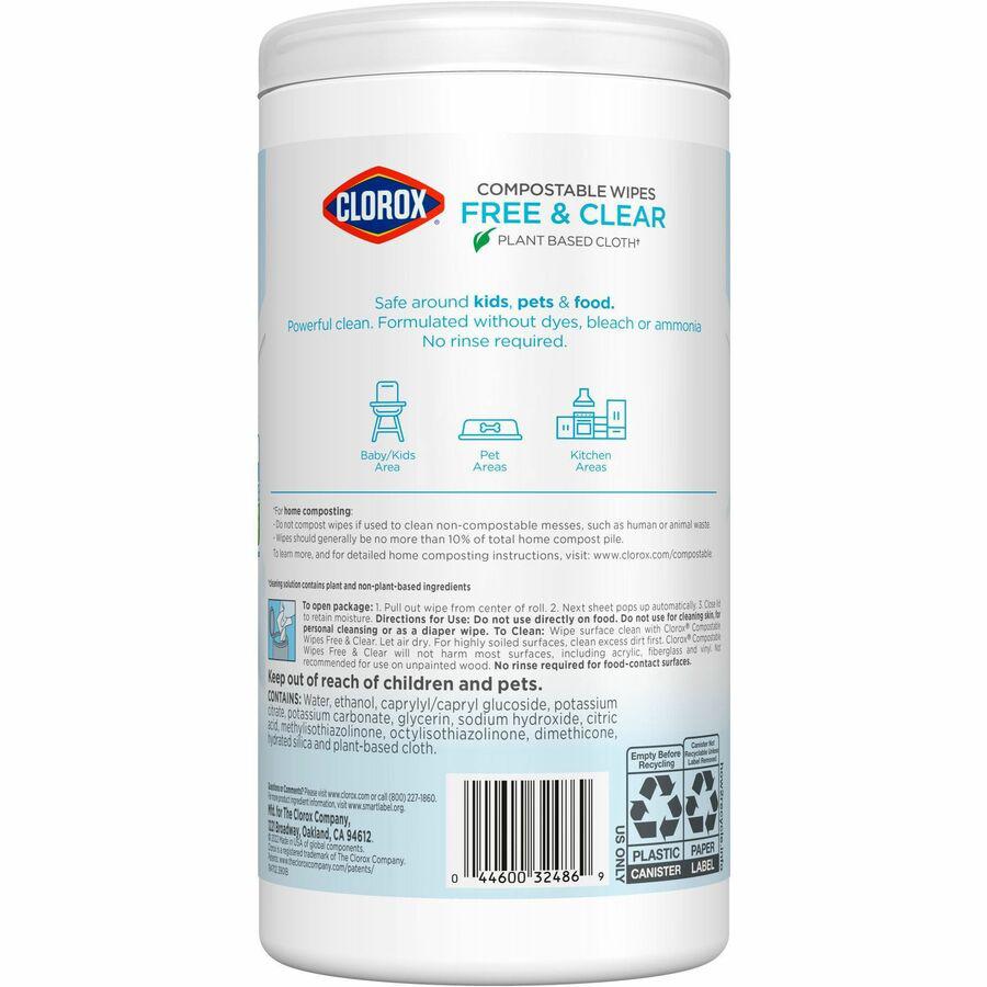 Clorox Free & Clear Compostable All Purpose Cleaning Wipes - 4.25" Length x 4.25" Width - 75.0 / Tub - 1 Each - Bleach-safe, Dye-free, Scent-free, Durable - White. Picture 10