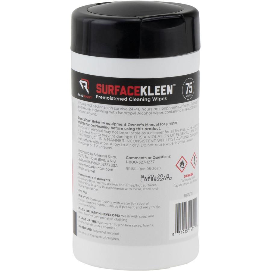 Read Right Surface Kleen Cleaning Wipes - 6.30" Length x 5" Width - 75 / Tub - 1 Each - Pre-moistened, Fast Acting, Quick Drying - White. Picture 5