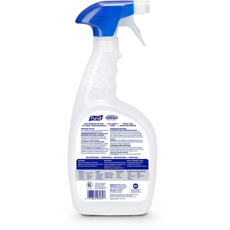 PURELL&reg; Foodservice Surface Sanitizer - 32 fl oz (1 quart)Spray Bottle - 6 / Carton - Rinse-free, Fragrance-free - Clear. Picture 6