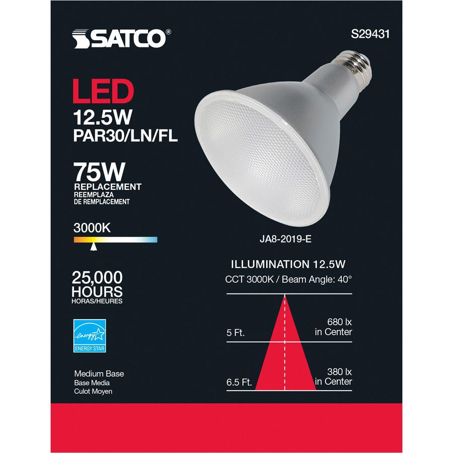 Satco PAR 30 LN LED Bulb - 12.50 W - 75 W Incandescent Equivalent Wattage - 120 V AC - 1000 lm - Parabolic Reflector - PAR30LN Size - Clear - Warm White Light Color - E26 Base - 25000 Hour - 4940.3&de. Picture 3
