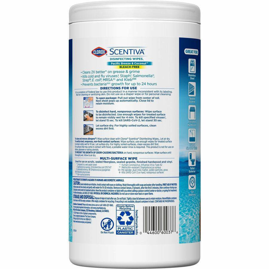 Clorox Scentiva Wipes, Bleach Free Cleaning Wipes - Ready-To-Use - Pacific Breeze & Coconut Scent - 75 / Canister - 1 Each - Bleach-free, Disinfectant, Deodorize - White. Picture 7