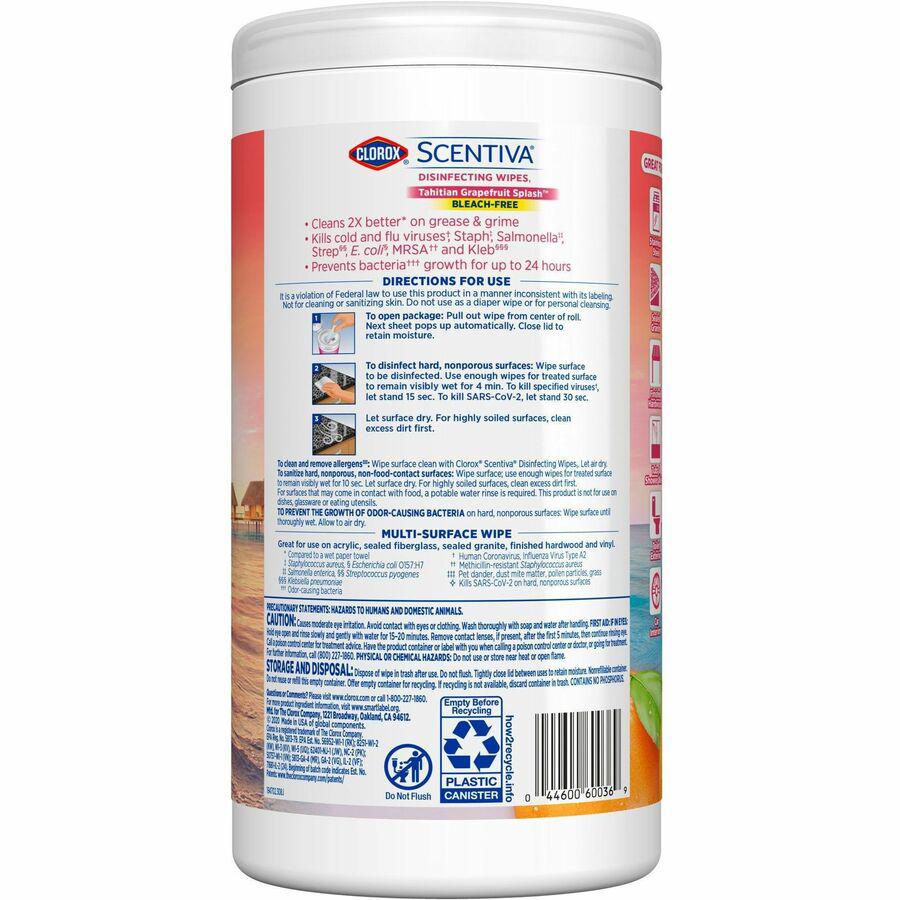 Clorox Scentiva Wipes, Bleach Free Cleaning Wipes - Ready-To-Use - Tahitian Grapefruit Splash Scent - 75 / Tub - 1 Each - Bleach-free, Disinfectant, Deodorize - White. Picture 7