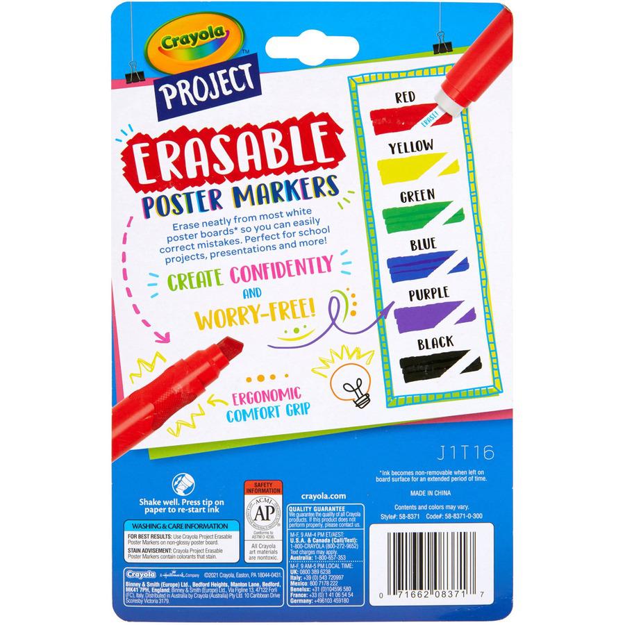Crayola Project Erasable Poster Markers - Chisel Marker Point Style - Red, Yellow, Green, Blue, Purple, Black - 6 / Pack. Picture 9